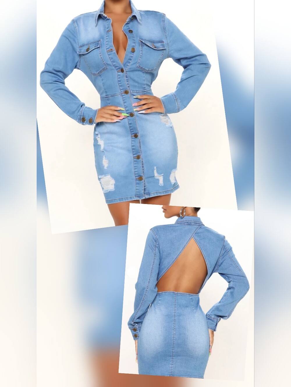 Fashion Nova Open Back  Distressed Button Up Collared Denim Midi Dress Women's L